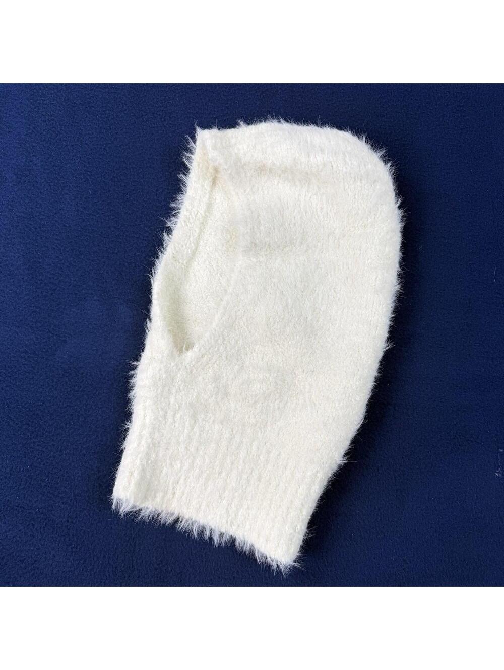 Fuzzy Knit Balaclava Hood Cream Soft Angora Style Winter Face Cover Unisex OS